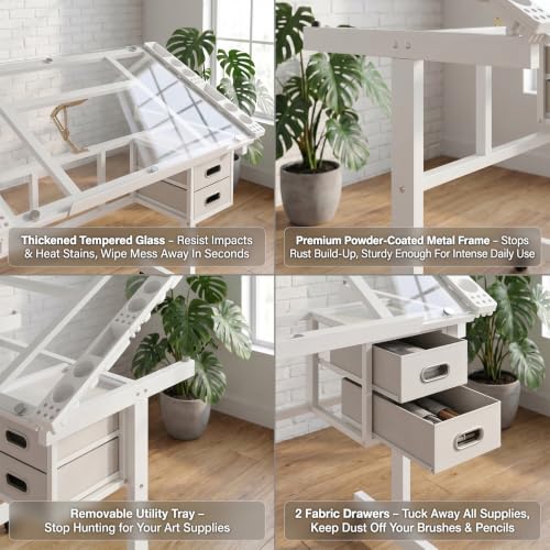 Adjustable Drafting Table with Glass Top, Rolling Art Desk with Drawers