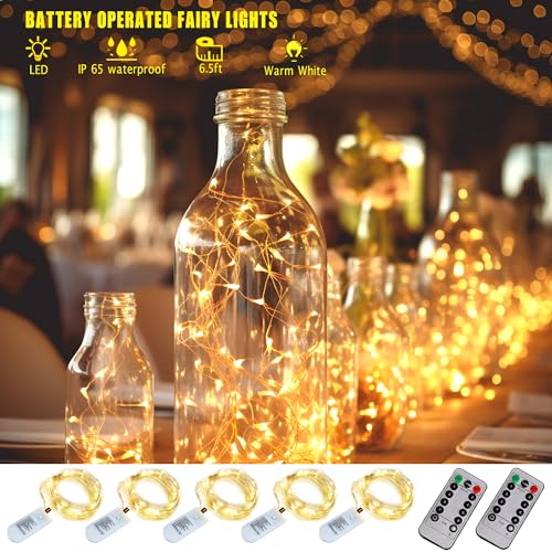 OakHaomie 6-Pack Battery Operated Fairy Lights, 6.5ft Warm White Twinkle Firefly Lights with Remote Control and Timer for Wedding, Party, and Home Decor