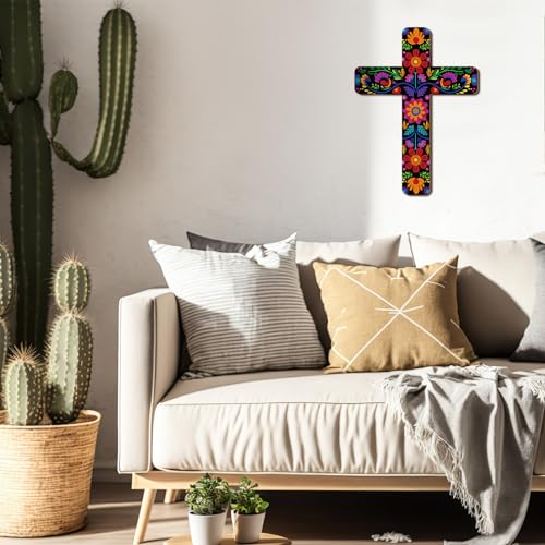 Floral Wooden Wall Cross, Hand Painted Mexican Style Decorative Crucifix