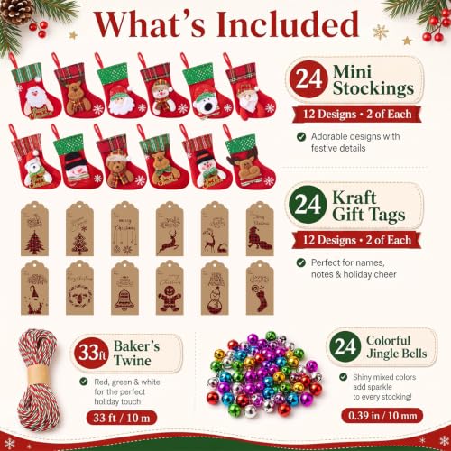 24-pack Mini White Fur Christmas Stockings with Embroidered Snowflake & Holiday Character Mix