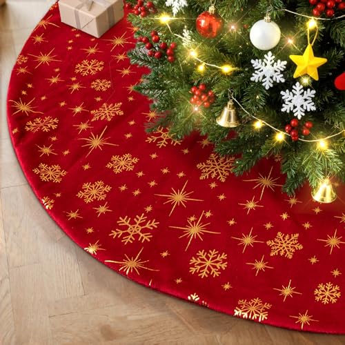 Lanpn Red Velvet Christmas Tree Skirt 24 Inch Holiday Decor with Snowflake Pattern