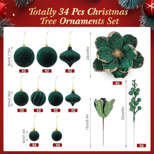 Kinlop 34 Pcs Velvet Christmas Ornaments Set Dark Green – 22 Balls, 6 Poinsettias & 6 Berry Stems
