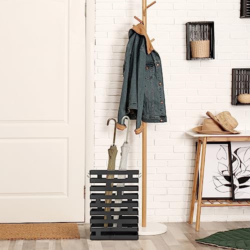 Modern Metal Umbrella Stand for Entryway with Water Tray and Hooks, Black