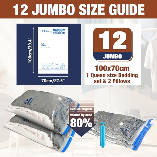 Hibag 12 Jumbo Vacuum Storage Bags for Bedding and Clothing with Hand Pump