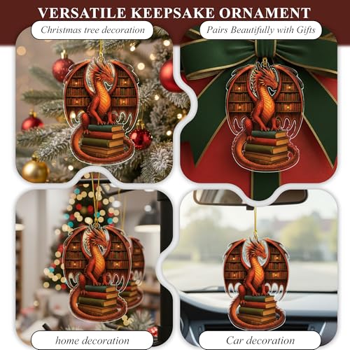 Dragon Bookworm Acrylic Christmas Ornament - Fantasy Book Lover Gift - Bookish Decor