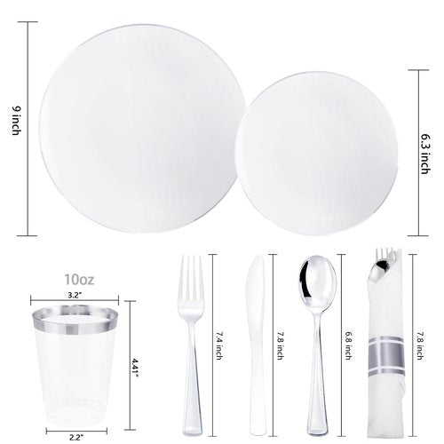 KIRE 350 PCS Plastic Dinnerware Set for 50 Guests, Silver Plastic Plates Include 50 Dinner, 50 Dessert Plates, 50 Pre Rolled Napkins with Silverware, 50 Cups for Wedding, Party, Banqet, Christmas