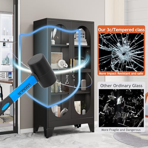 61-Inch Tall Metal Curio Cabinet with Glass Doors and Locking Storage