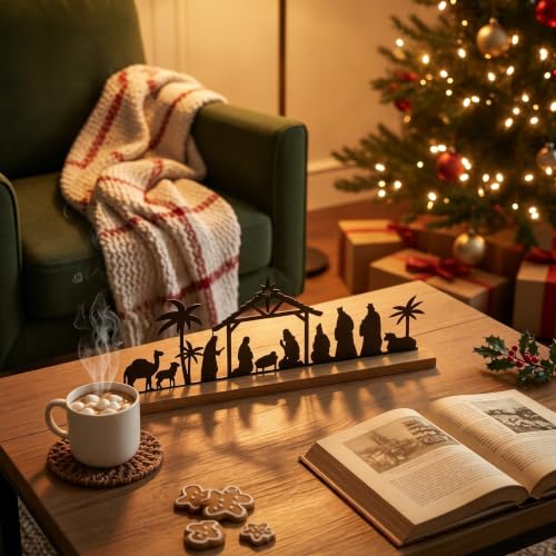 Black Metal Nativity Scene Display with Wood Base for Christmas Table Decor