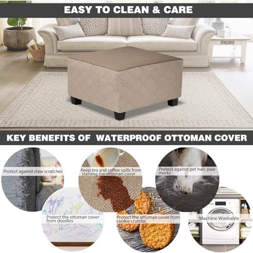 Waterproof Square Ottoman Cover - Medium, Light Brown Slipcover