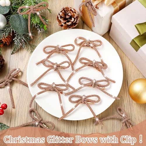 Suncalla 12 pcs Gold Glitter Rhinestone Christmas Tree Bows 3.2"x2.8" with Clips - Holiday Decorations