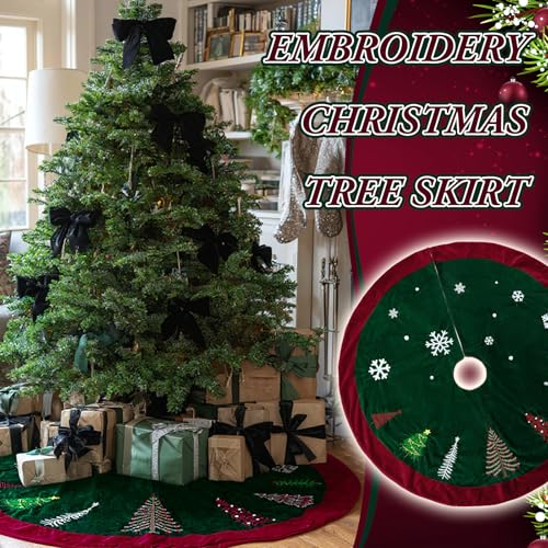 Soulchen 48 Inch Green Velvet Christmas Tree Skirt with Burgundy Trim