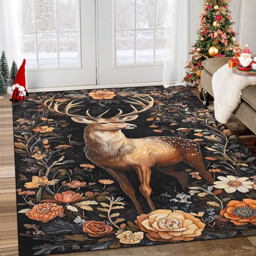Black 6' x 8'11" Christmas Elk Rug - Washable Non-Slip Holiday Carpet for Living Room & Bedroom