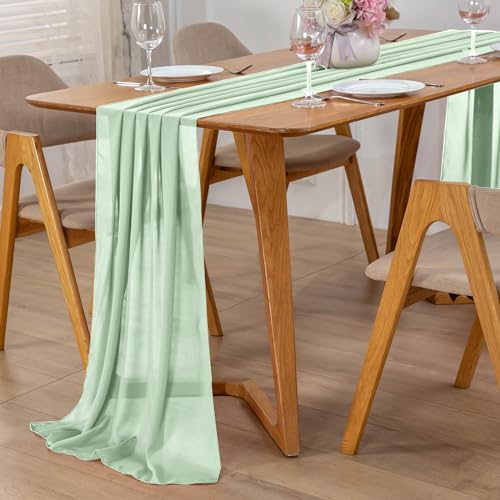 VZZNN 10 Pack Sage Green Chiffon Table Runners - 120 x 12 inches, Wedding & Party Decor