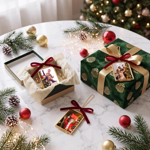 4 Set Double Glass Brass Christmas Picture Frame Ornament for Tree