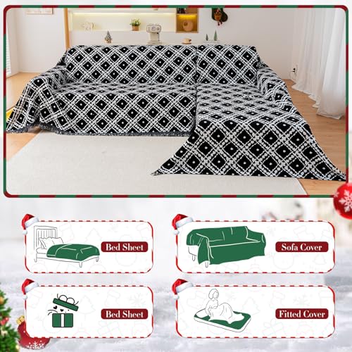 Reversible Christmas Couch Cover Blanket - Chenille Sofa Protector, 71x102 Inches, Black