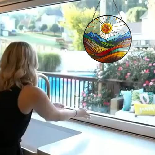 Sun Mountains Stained Glass Suncatcher - 7.9'' Boho Window Decor