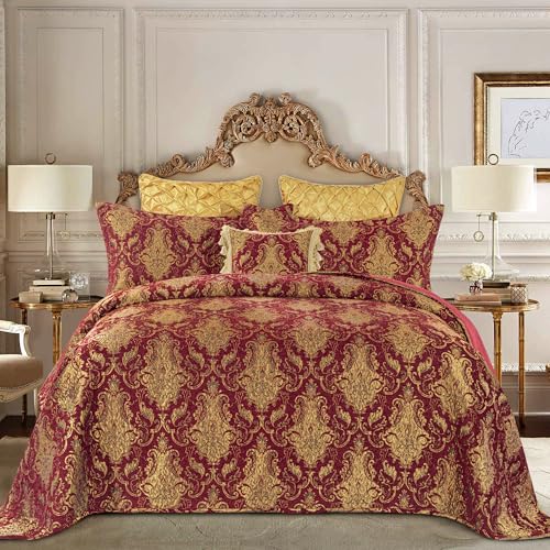 Loom and Mill King Damask Quilt Set - Classic Red Bedding, 3-Piece