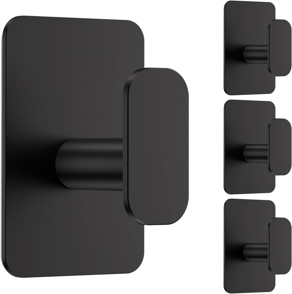 Skiennix Heavy Duty Self-Adhesive Hooks - 26lb Max Capacity, Waterproof & Rustproof for Bathroom | 4 Pack (Black)