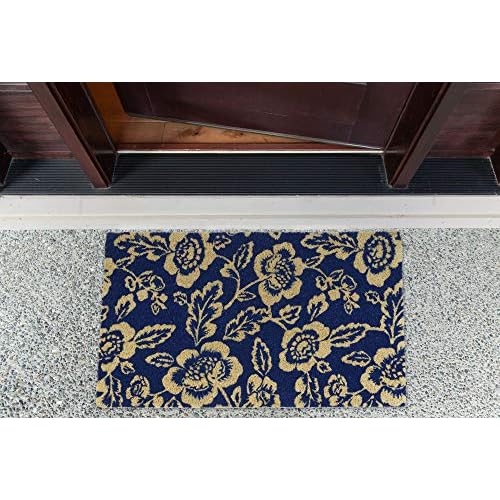 DII Floral Design Collection Natural Coir Doormat, 17x29, Blue Peonies