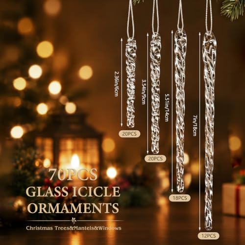 Patelai 70 Pcs Glass Icicle Christmas Tree Ornaments - 4 Sizes Holiday Decor