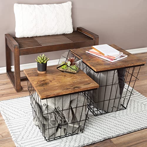 Nesting End Tables Set of 2 - Square Wood Top Side Tables with Storage Baskets