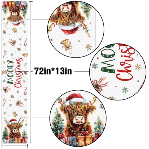 Hafangry Highland Cow Christmas Table Runner, 13 x 72in Polyester Linen-Look