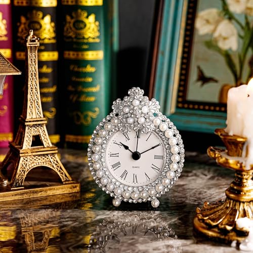 Vintage Metal Tabletop Clock with Rhinestones - Silent Battery Operated