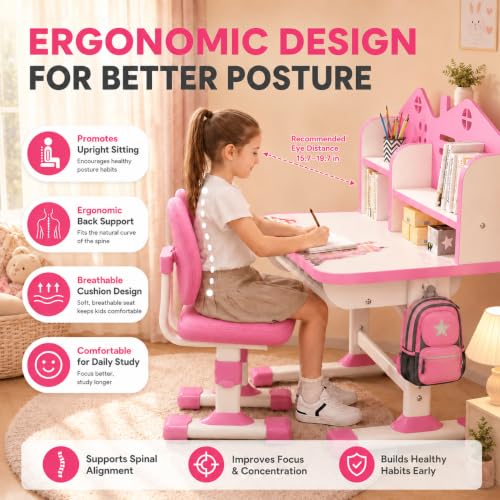 Adjustable Kids Study Desk and Chair Set with Storage Drawer and Bookstand