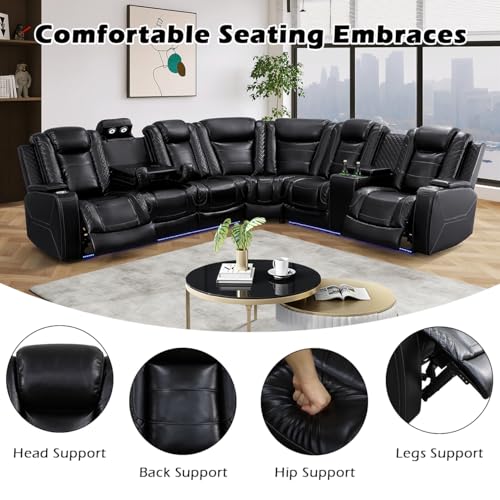 Power Recliner Sectional Sofa with LED Lights, Cup Holders & Storage