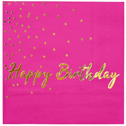 Wrapaholic 25-Pack Hot Pink Gold Foil Happy Birthday Cocktail Napkins 5x5 Inches
