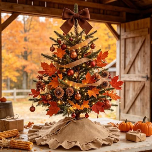 24-Inch Rustic Burlap Christmas Tree Skirt with Ruffle Edge for Tabletop Trees