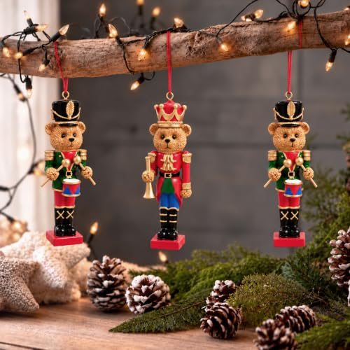 3D Teddy Bear Christmas Ornaments Set of 2 - Resin Holiday Tree Decorations