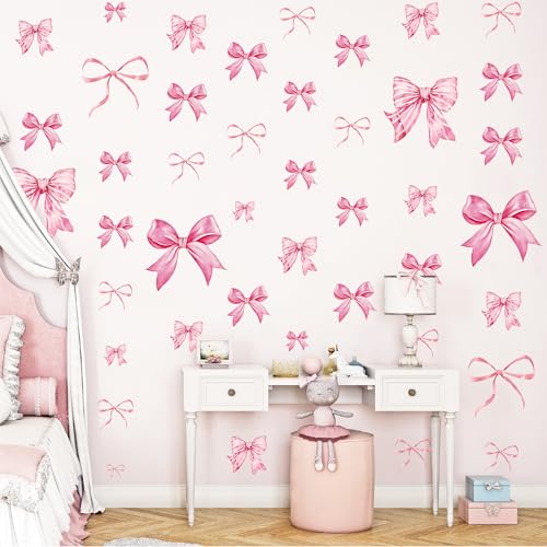 Pink Bow Wall Decals - 46 Pcs Watercolor Bow Knot Peel-and-Stick Stickers