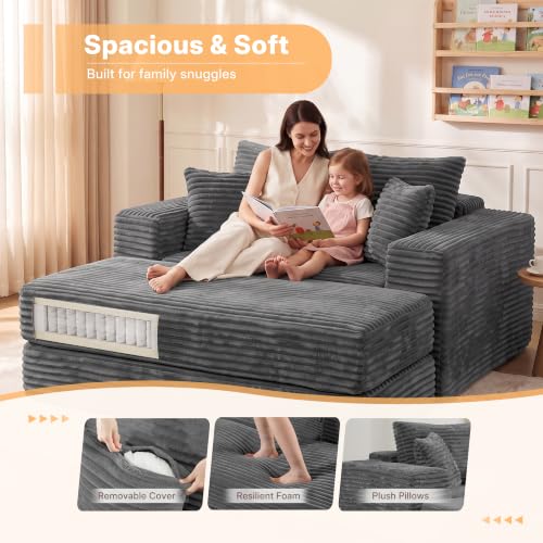 Oversized 60-inch Corduroy Chaise Lounge Chair with Ottoman and Sofa Bed