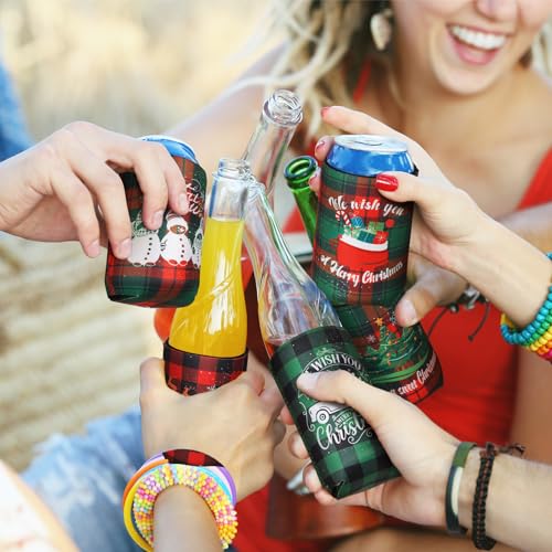 Tioncy 60 Pcs Christmas Beer Can Sleeves Insulated Plaid Style - 12 oz