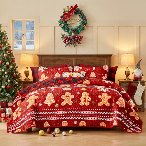 UOZZI BEDDING Christmas Quilt Set Red Stripes with Gingerbread Men, Gingham Reversible King