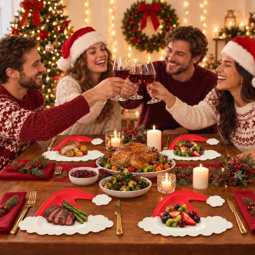 50PCS Christmas Santa Hat Paper Plates - Red Holiday Disposable Tableware