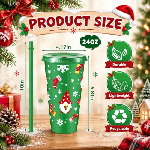 Chuangdi 48Pcs Christmas Cups with Lids & Straws - 24oz, White/Red/Green/Blue, Includes Santa, Snowflake, Gingerbread Designs