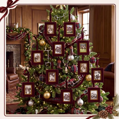 Qunclay Burgundy Velvet Christmas Picture Frame Ornaments Set, 12 pcs