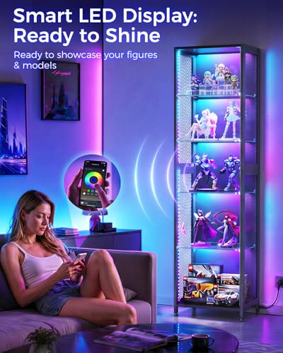 72-inch Tall Slim Display Cabinet with LED Lights and Glass Shelves