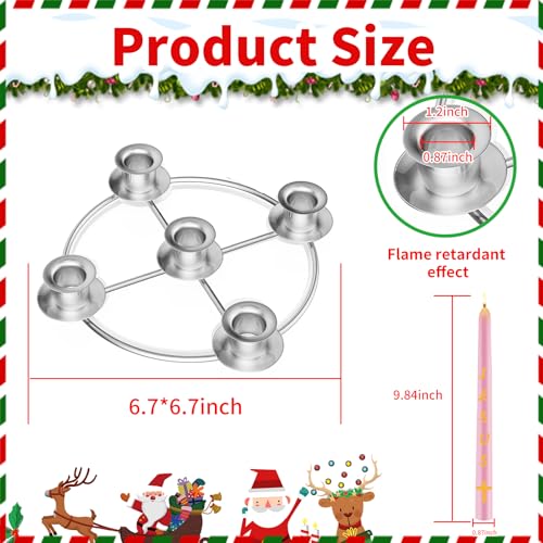 Advent Wreath Candle Holder Set with 5 Taper Candles - Silver Christmas Ring