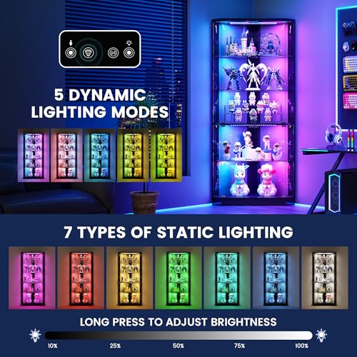 5-Tier Corner Display Cabinet with RGB Lighting and Lock, 69-Inch Tall