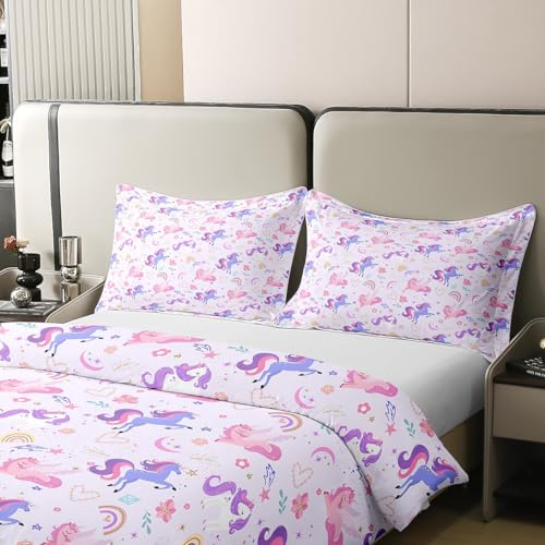 Queen Size Cotton Duvet Cover Set - Purple Unicorn Rainbow Floral Bedding