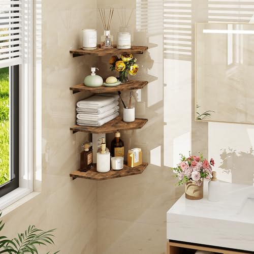 Set of 4 Floating Corner Shelves with Cable Management - Rustic Brown