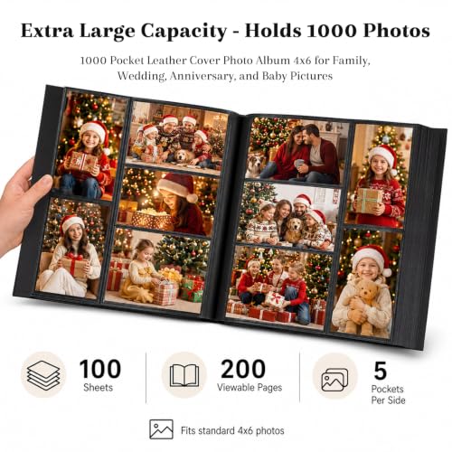 Large Capacity 4x6 Photo Album, 1000 Photos, Leather Cover with Window