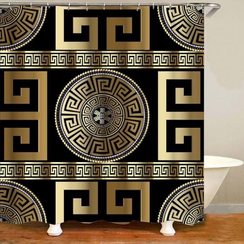 Black Gold Greek Key 4-Piece Bathroom Set - Shower Curtain & Non-Slip Mats