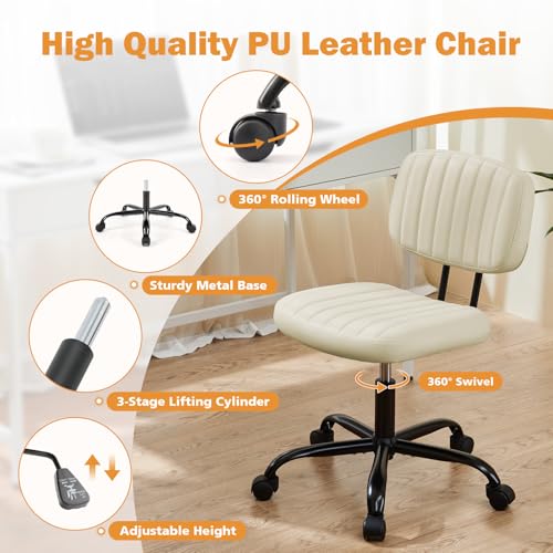 Armless PU Leather Swivel Desk Chair with Lumbar Support - Height Adjustable