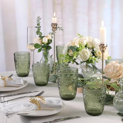 Green 14oz Drinking Glasses Set - Vintage Embossed Glassware, 6-Pack