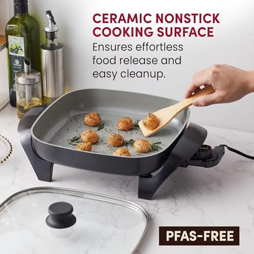 PFAS-Free Ceramic Non-Stick Electric Skillet, 12" x 12" Deep Pan (1200W)