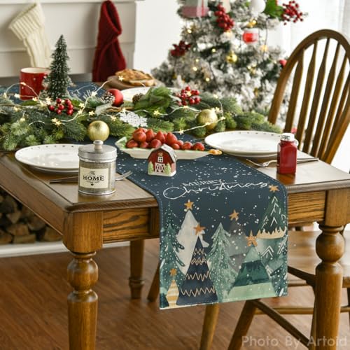 Artoid Mode 13x60 inch Snow Trees Table Runner - 210 GSM Polyester, Christmas Holiday Kitchen Decor
